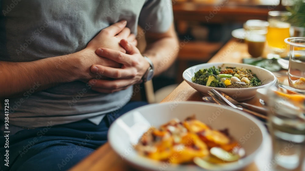 Man rubs his stomach after eating a healthy meal at a restaurant. Man rubs his stomach after eating a healthy meal at a restaurant.