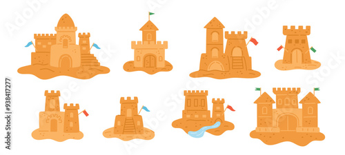Sand castles. Kids beach palaces. Loose natural material building constructions. Summer vacation at sea coast. Sandy sculptures. Strongholds with walls and towers. Garish vector set