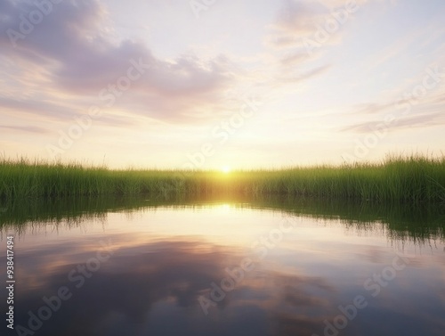 A serene lake mirroring the rich colors of a sunset, evoking a sense of adventure and tranquility in all who behold it.