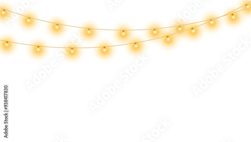 PNG Christmas lights isolated realistic design elements. Glowing lights for Xmas Holiday cards, banners, posters, web design.	