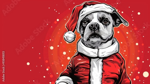 Red christmas background of a cute cartoony bulldog in Santa Claus costume with white snowflakes around as well as space for text, images and additional marketing content. Dog themed Xmas banner.