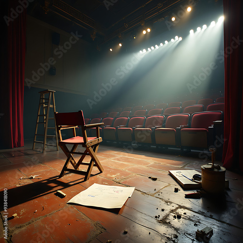 The School Auditorium Set Up for a Play Rehearsal.
