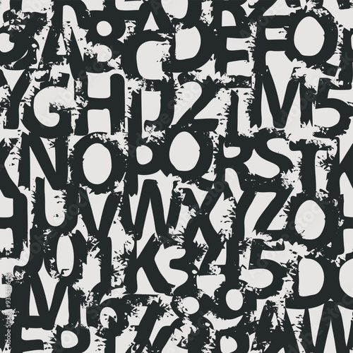 Seamless pattern with alphabet letters in form black and white paint splashes and blots. Abstract vector background with latin letters. Suitable for wallpaper, wrapping paper or fabric