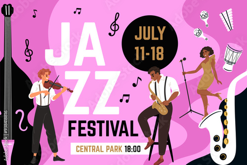 Music festival invitation. Concert poster. Jazz performance. Violinist playing. Saxophonist and vocalist. Musical trio. Entertainment event. Musicians show. Garish vector flyer design