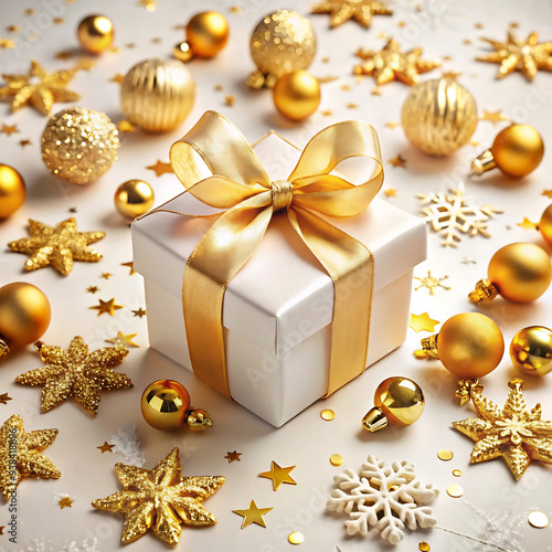 White gift box with gold ribbon. Elegant white present box with bow. AI-Generated