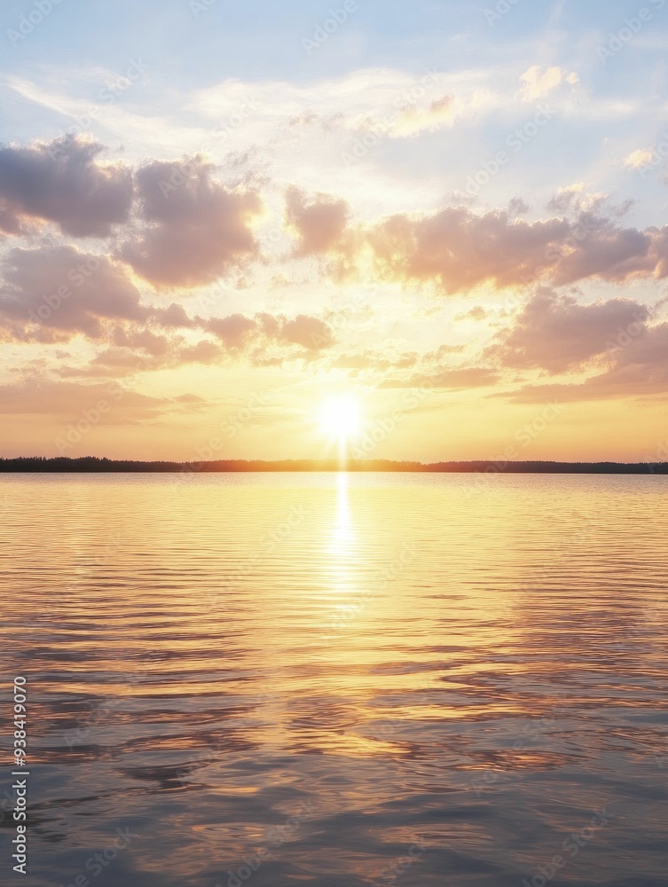 Naklejka premium Embers of a blazing sunset shimmering on calm waters, beckoning times of serene contemplation and peaceful introspection.