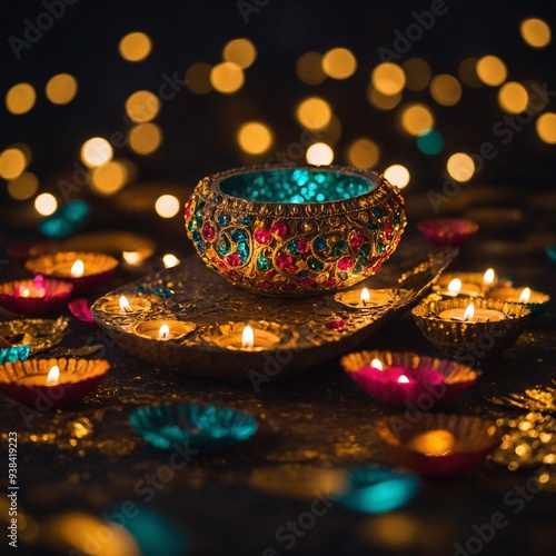 A serene Diwali night with candles and diyas casting a gentle glow photo