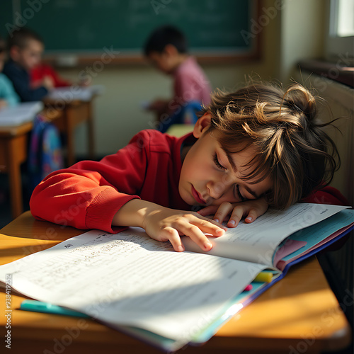 A Child Asleep at Their Desk During Class.