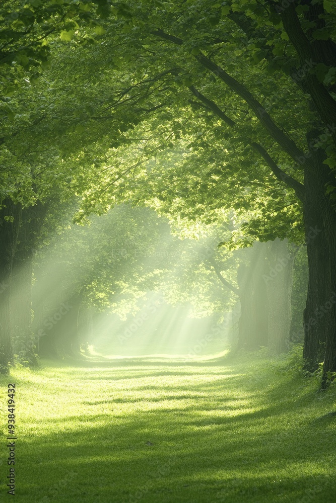 Fototapeta premium Soft rays of sunlight weave through the branches, revealing a trail of strength and transformation.