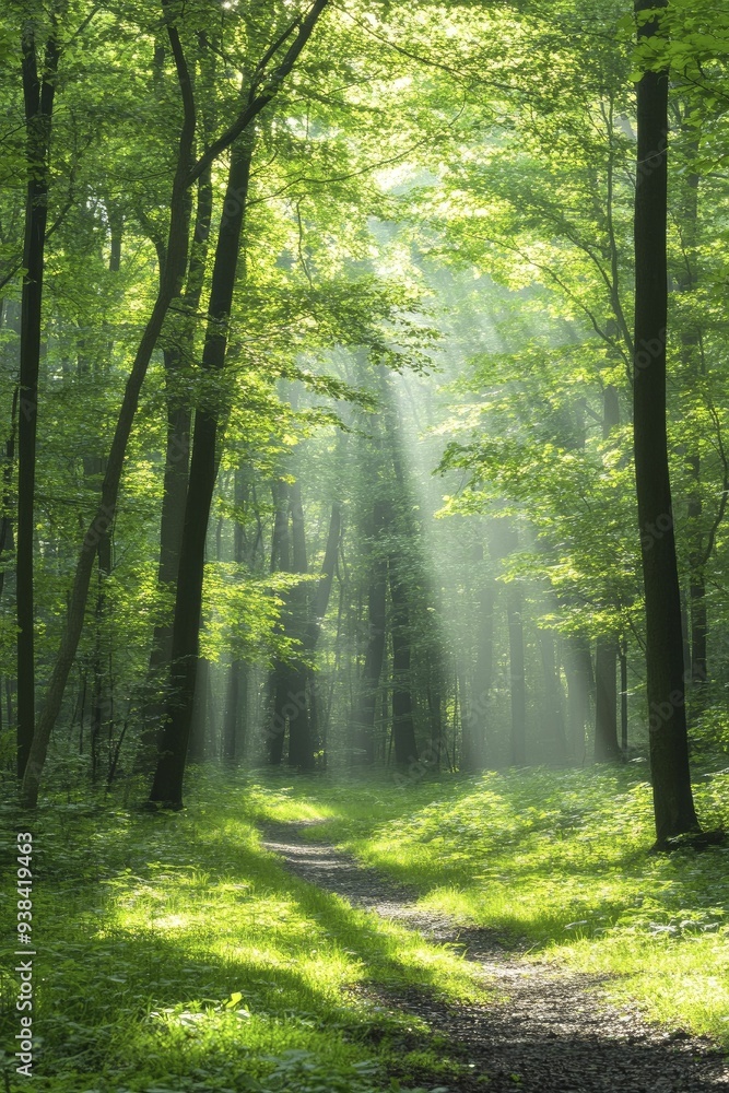 Obraz premium Glimmers of sunlight filtering through the trees, illuminating a path of resilience and growth