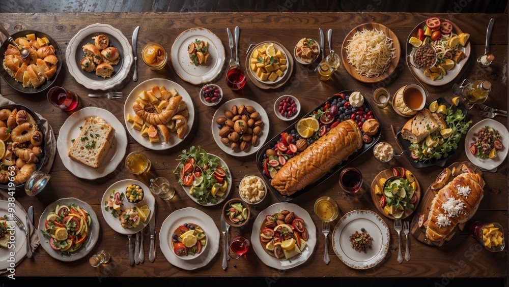 Top View of Elegant Buffet Table with Fresh Organic Selections and Pastries Top View of Elegant Buffet Table with Fresh Organic Selections and Pastries