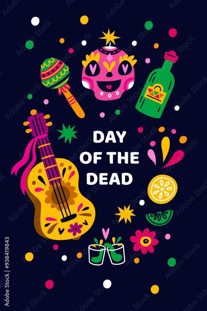 Mexican holiday. Death party poster. Day of dead. Traditional festival. Muertos carnival. Sugar skulls. Tequila bottle. Fruits and flowers. Hispanic celebration. Vector greeting card Mexican holiday. Death party poster. Day of dead. Traditional festival. Muertos carnival. Sugar skulls. Tequila bottle. Fruits and flowers. Hispanic celebration. Vector greeting card