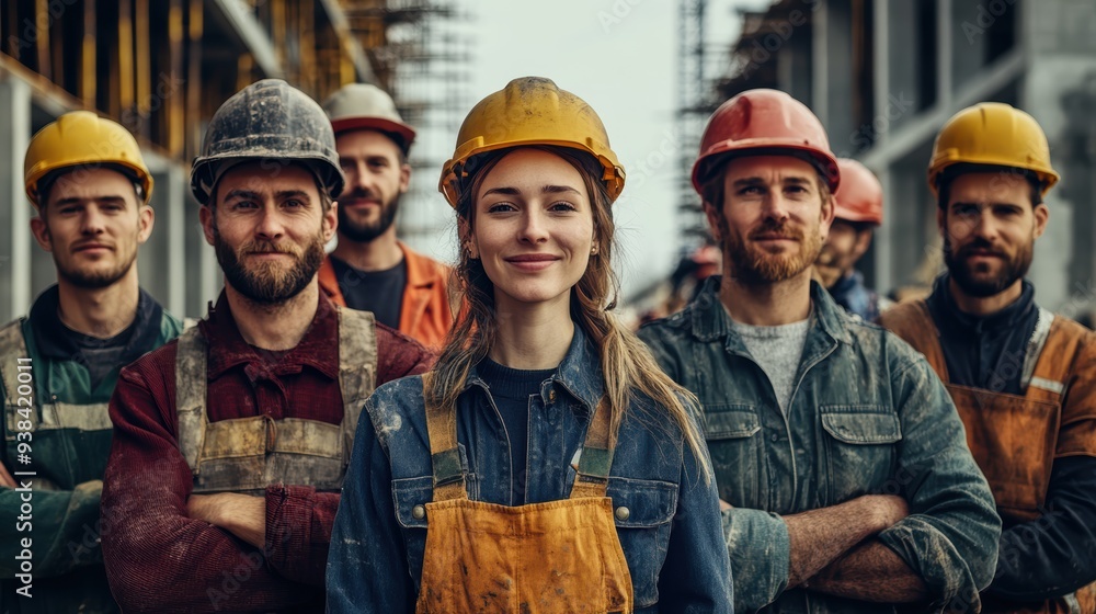 Group of diverse construction workers in safety gear, smiling together at a construction site, teamwork, unity, diversity. Construction team, camaraderie. Group of diverse construction workers in safety gear, smiling together at a construction site, teamwork, unity, diversity. Construction team, camaraderie.