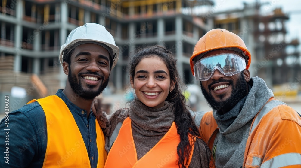 Group of diverse construction workers in safety gear, smiling together at a construction site, teamwork, unity, diversity. Construction team, camaraderie. Group of diverse construction workers in safety gear, smiling together at a construction site, teamwork, unity, diversity. Construction team, camaraderie.