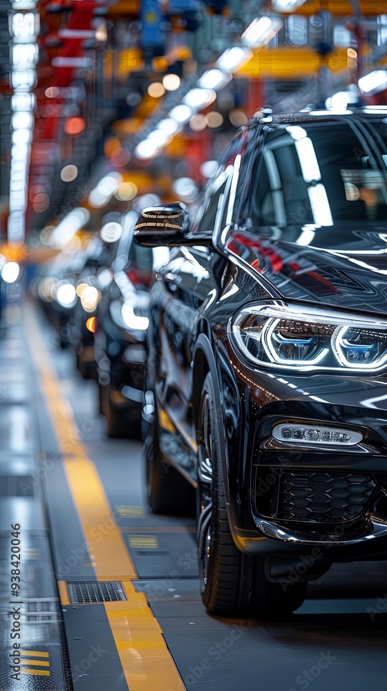 Cars are being moved along a conveyor system within an automotive manufacturing plant, showcasing the technological advancements and high precision in the car production process. Cars are being moved along a conveyor system within an automotive manufacturing plant, showcasing the technological advancements and high precision in the car production process.