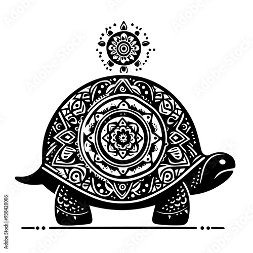 Zen Tortoise - Calm, with mandala patterns on the shell vector logo illustration or silhouette