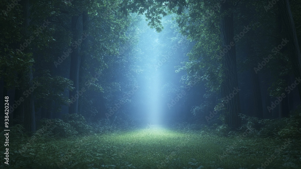 Obraz premium Within a lush grove, a glimmer of light leads wayward travelers to a promising future brimming with possibilities.