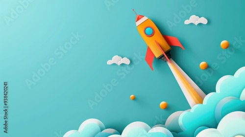 3D three dimesional paper art cartoony rocket coming out of white clouds and smokes on its journey to space against a light blue backdrop with space for text, image and inspirational content.