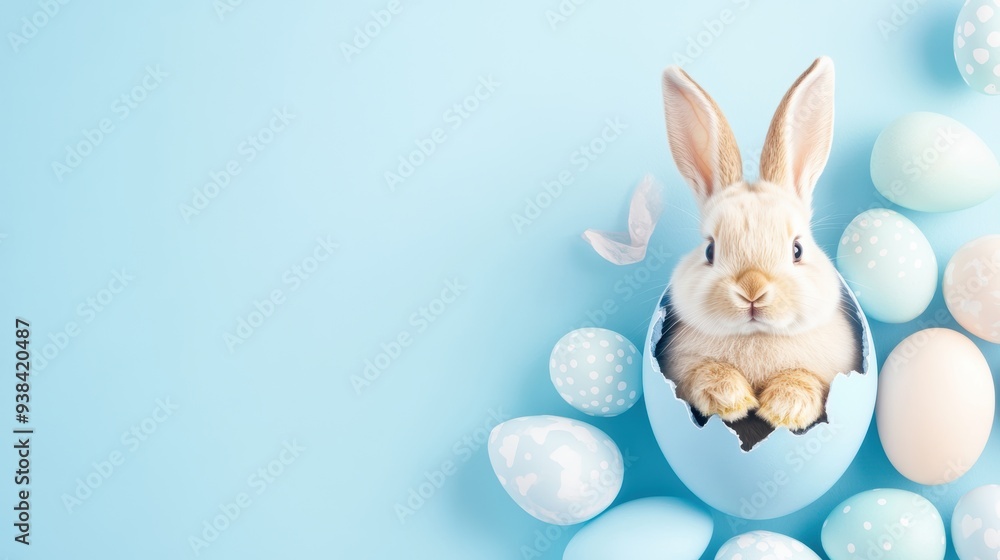 Obraz premium Bunny peeking out of a cracked blue Easter egg surrounded by pastel eggs on a light blue background. Cute and whimsical spring design.