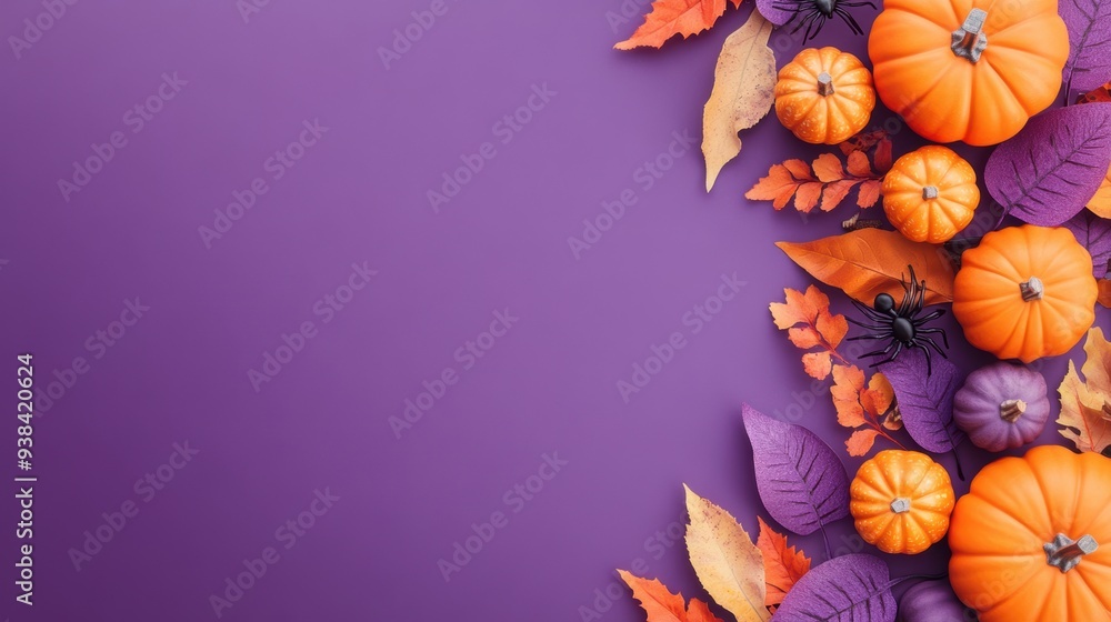 Halloween-themed flat lay with pumpkins, orange and purple leaves, and black spiders on a vibrant purple background, creating a festive and colorful design. Halloween-themed flat lay with pumpkins, orange and purple leaves, and black spiders on a vibrant purple background, creating a festive and colorful design.
