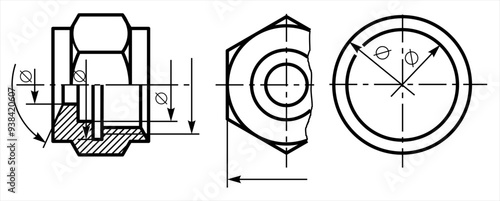Vector drawing of steel mechanical part with through holes
and dimension lines on white sheet of paper.
Engineering cad scheme. Technical template
of nut, bolt, washer, coupling.