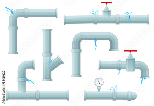 Leaking pipes. Plastic broken pipeline. Water splashes under pressure and drips. Drain taps or valves. Engineering sensor. Sewerage supply system. Canalization fix. Sewer tubes vector set