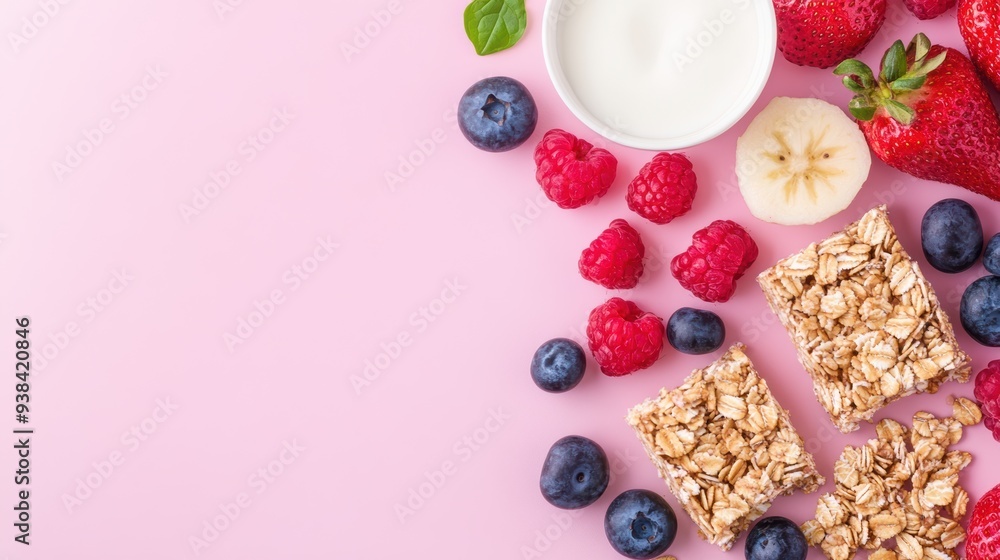 Fresh berries, yogurt, and granola scattered on a light pink background, creating a visually appealing and healthy breakfast setup. Wellness, morning routine. Fresh berries, yogurt, and granola scattered on a light pink background, creating a visually appealing and healthy breakfast setup. Wellness, morning routine.