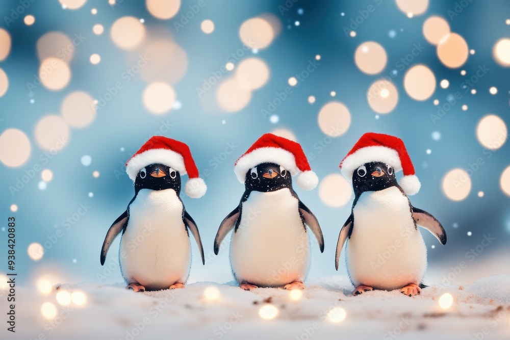 Fototapeta premium Penguins wearing Santa hats, standing in the snow, looking festive and cute against a wintry, snow-filled background.