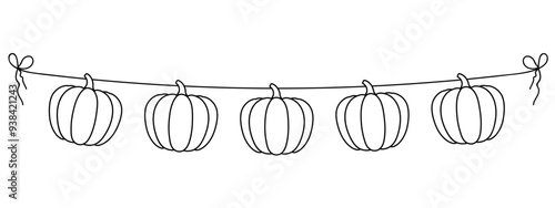pumpkins hanging on a string, fall season banner decoration element, seasonal festive garland, black line, vector illustration