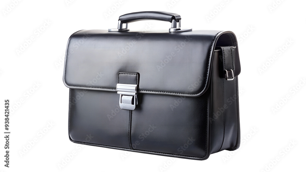 Black leather business briefcase with silver clasp, angled side view, transparent PNG file Black leather business briefcase with silver clasp, angled side view, transparent PNG file