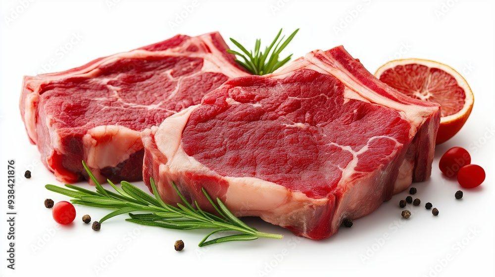 Two raw beef steaks with rosemary, peppercorns, red berries, and a slice of blood orange on a white background. Two raw beef steaks with rosemary, peppercorns, red berries, and a slice of blood orange on a white background.