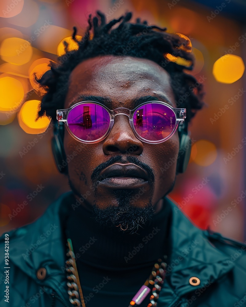 Portrait of a Nigerian man, wearing high-end green fashion sunglasses, clear frames and purple tint lenses, his hair is short and black, wearing futuristic headphones Portrait of a Nigerian man, wearing high-end green fashion sunglasses, clear frames and purple tint lenses, his hair is short and black, wearing futuristic headphones