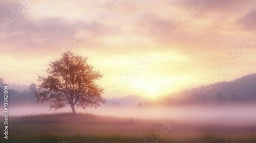 The soft glow of dawn breaking over a misty landscape, awakening the world in gentle hues