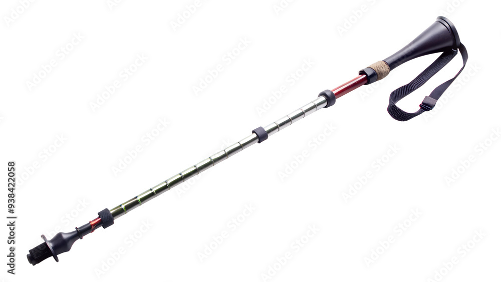 Retractable hiking pole with ergonomic grip and wrist strap, suitable for trekking and outdoor adventures, transparent PNG file Retractable hiking pole with ergonomic grip and wrist strap, suitable for trekking and outdoor adventures, transparent PNG file