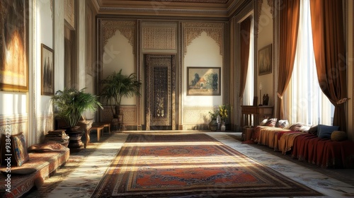 A spacious and luxurious room with intricate details, featuring a beautiful Persian rug, ornate wooden doors, and comfortable seating. Sunlight streams through large windows, creating a warm and invit