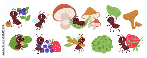 Cute little ants. Hardworking insects. Working and resting characters. Kids cartoon mascots. Arthropod carrying food and leaves. Anthill building. Various activities. Garish vector set