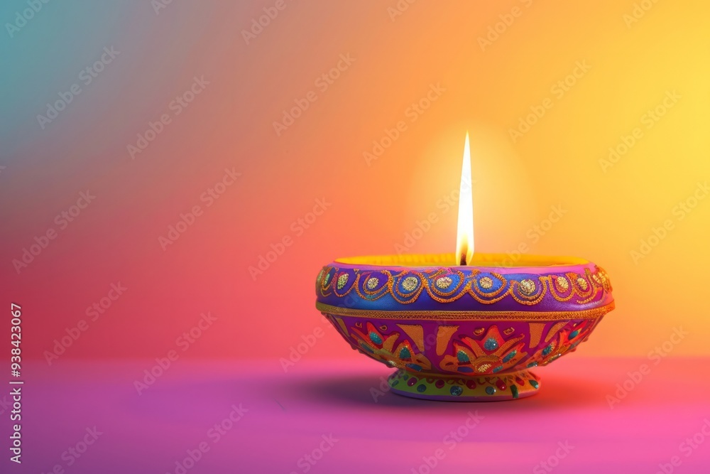 Vibrant Diwali lamp ornately decorated casting warm yellow glow isolated on a gradient background Vibrant Diwali lamp ornately decorated casting warm yellow glow isolated on a gradient background