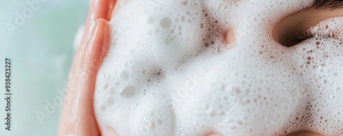 Close-up of foamy lather on a wet face, hydrating skincare, smooth and clean