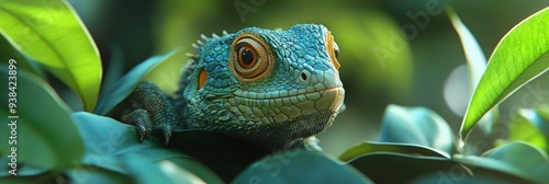 A vibrant blue lizard with expressive eyes peers out from a dense jungle setting. Its scales shimmer with a turquoise hue, highlighting the contrast against the lush green leaves. The lizard's presenc photo