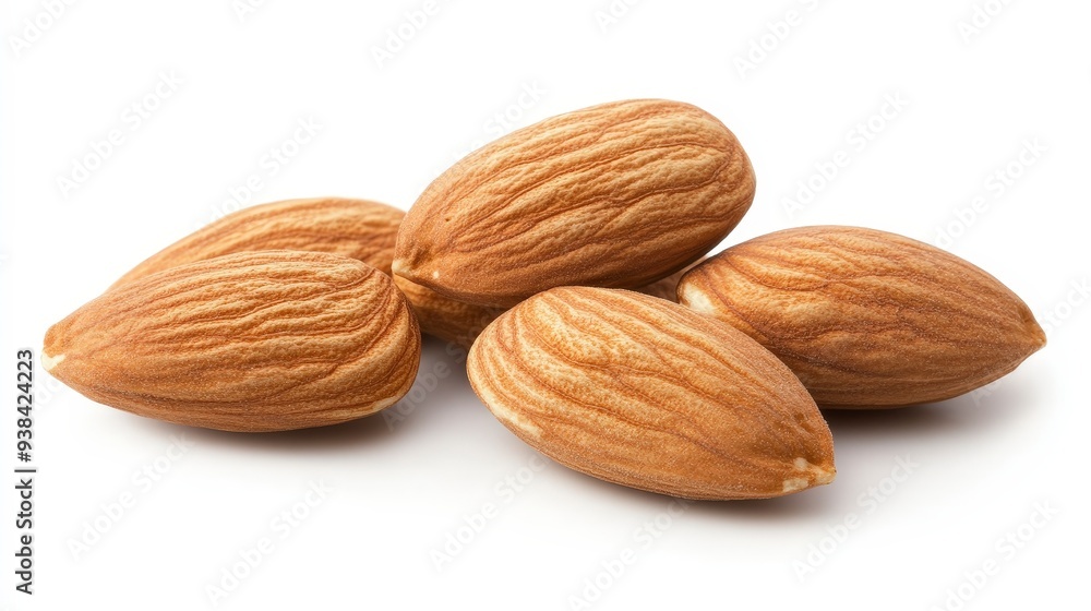 Close-up of four whole almonds isolated on a white background. Close-up of four whole almonds isolated on a white background.