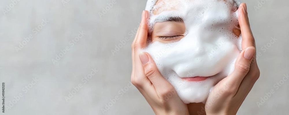 Naklejka premium Hands gently applying facial foam with soft lather, skincare routine, clean and smooth