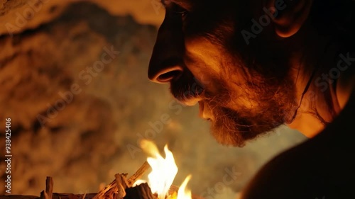 Bearded man gently blowing on glowing campfire embers to reignite warmth and light photo