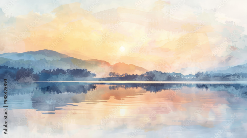 Fototapeta premium A serene watercolor landscape featuring soft mountains and a tranquil lake at sunset, embodying peace and natural beauty.