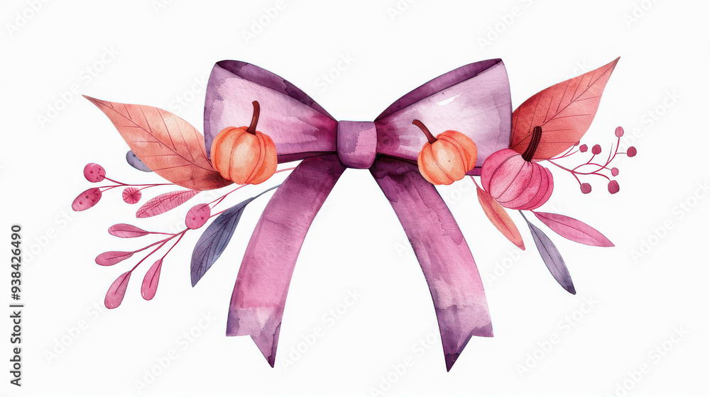 Fototapeta premium A beautiful watercolor illustration of a purple bow with autumn leaves and pumpkins, perfect for seasonal decor and invitations.