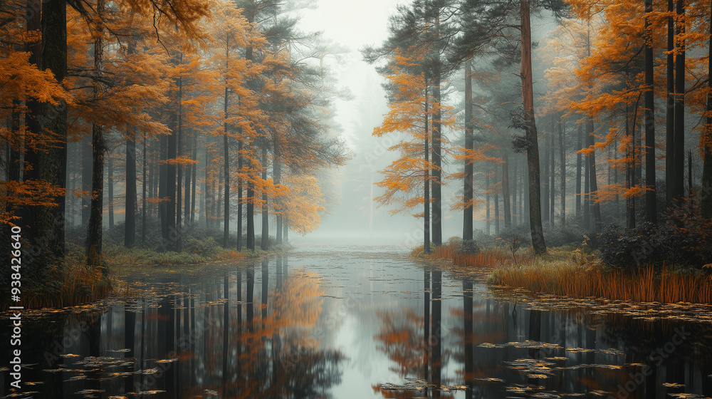 Fototapeta premium Urokliwy, spokojny widok na las z lustrzanym odbiciem w wodzie otoczonym wysokimi drzewami, w jesiennej porze, z delikatną mgłą tworzącą mistyczną atmosferę.