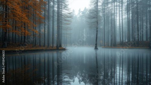 Urokliwy, spokojny widok na las z lustrzanym odbiciem w wodzie otoczonym wysokimi drzewami, w jesiennej porze, z delikatną mgłą tworzącą mistyczną atmosferę.