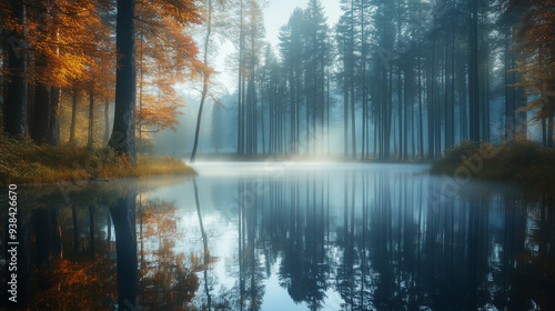 Urokliwy, spokojny widok na las z lustrzanym odbiciem w wodzie otoczonym wysokimi drzewami, w jesiennej porze, z delikatną mgłą tworzącą mistyczną atmosferę.