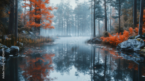 Urokliwy, spokojny widok na las z lustrzanym odbiciem w wodzie otoczonym wysokimi drzewami, w jesiennej porze, z delikatną mgłą tworzącą mistyczną atmosferę.
