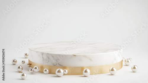 “A marble podium adorned with gold accents and pearls, set against a white background. This elegant podium is designed for product or cosmetic presentations,  photo