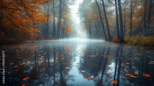 Urokliwy, spokojny widok na las z lustrzanym odbiciem w wodzie otoczonym wysokimi drzewami, w jesiennej porze, z delikatną mgłą tworzącą mistyczną atmosferę.